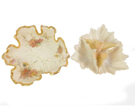 A late 19thC Royal Worcester porcelain dish, of leaf molded form painted and gilt heightened with spring flowers, shape No. 3