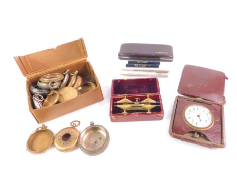 Victorian and later silver and gold plated pocket watch cases, a leather cased travel clock, a watch makers tool, Yard-O-Led 