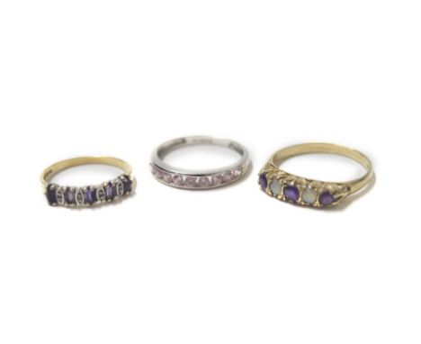 A 9ct gold amethyst and opal five stone ring, size Q, 9ct gold and amethyst five stone ring set with diamonds at intervals, s