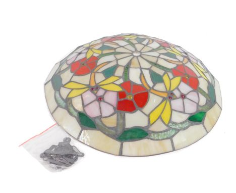 *A Tiffany style ceiling lamp shade, decorated with flowers and insects, 39cm dia.