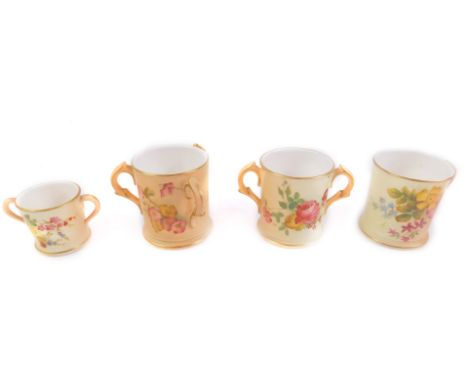 A Royal Worcester porcelain miniature tyg, c1907, decorated with flowers, printed mark, 6cm H, a loving cup, c1906, similarly