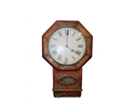 A Victorian mahogany and brass inlaid drop dial wall clock, circular enamel dial bearing Roman numerals, American eight day m
