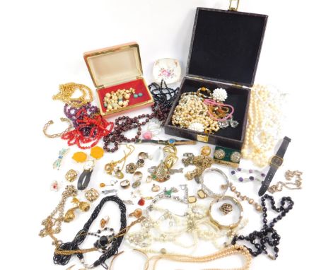 Silver and costume jewellery, including necklaces, earrings, dress wristwatches, brooches, and a bangle. (qty)