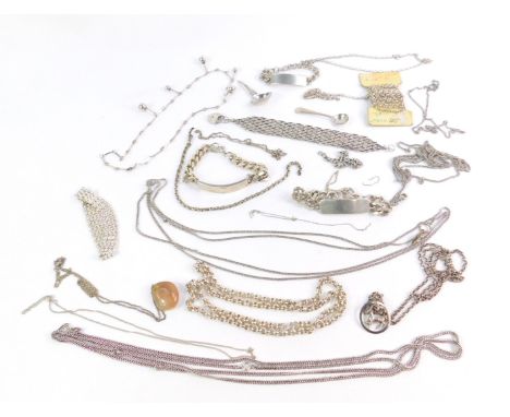 Silver jewellery, including gate and identity bracelets, belcher and curb link belt chains, and two silver spoons, 15.90oz al