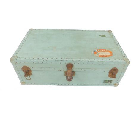 A Watajoy green painted cabin trunk, canvas and metal bound, bearing Cunard Line baggage labels, 33cm H, 92cm W, 57cm D.