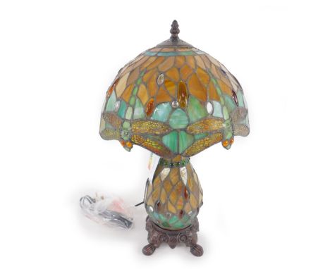 *A Minster Tiffany style yellow and green dragonfly table lamp, with glass stem raised on a faux metal base, 49.5cm H, 30.5cm