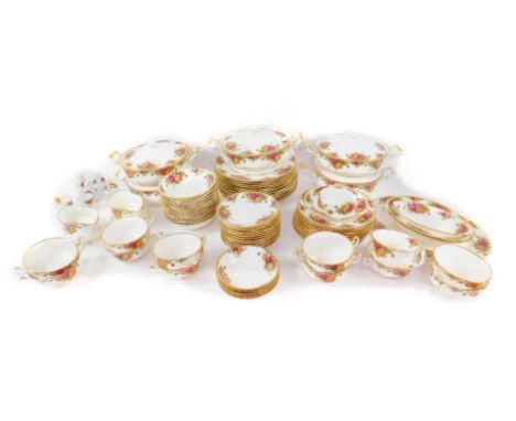 A Royal Albert porcelain dinner service decorated in the Old Country Roses pattern, some seconds, comprising oval meat platte