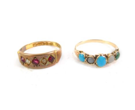 A Victorian 9ct rose gold ruby and seed pearl set five stone ring, size K, together with a turquoise and gem set five stone r