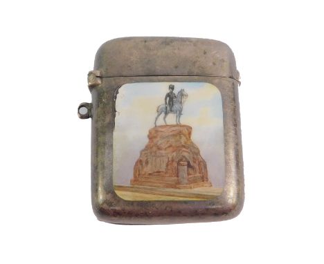 A George V silver vesta case of Boer War interest, set with an enamel plaque painted with the Boer War Memorial for the Royal