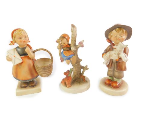Three Hummel figures, comprising Lost Sheep, 68; Meditation, 13/0; and Out of Danger, 56/B.