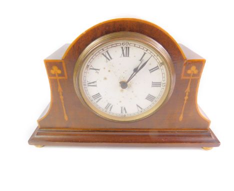 An Edwardian mahogany and boxwood inlaid mantel clock, enamel circular dial bearing Roman numerals, Burem movement with integ