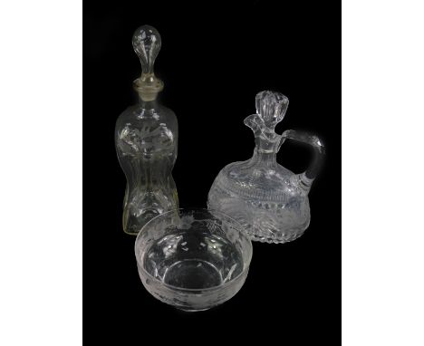 A Victorian cut hour glass decanter, together with a matched stopper, engraved with birds and leaves, together with a heavy c