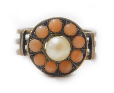 A Victorian dress ring, with circular ring head, centred by cultured pearl, surrounded by coral, on pierced three row band, y