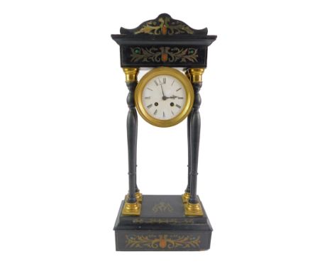 A French late 19thC ebonised and brass inlaid portico clock, enamel dial bearing Roman numerals, eight day movement with bell