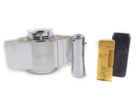 A Dunhill Rollagas gold plated pocket lighter, US Patent RE24163, leather cased, together with a Ronson pump action pocket li