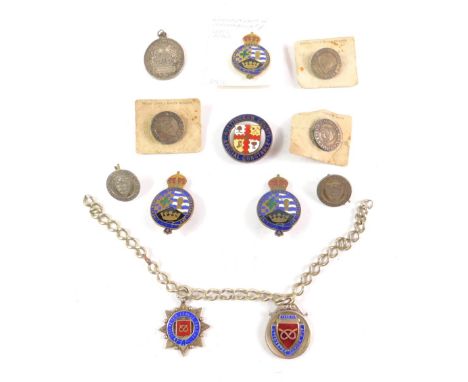Five Beverley &amp; East Riding Golf Club silver lapel badges, a Congregation of The Children of Mary silver medallion, two U