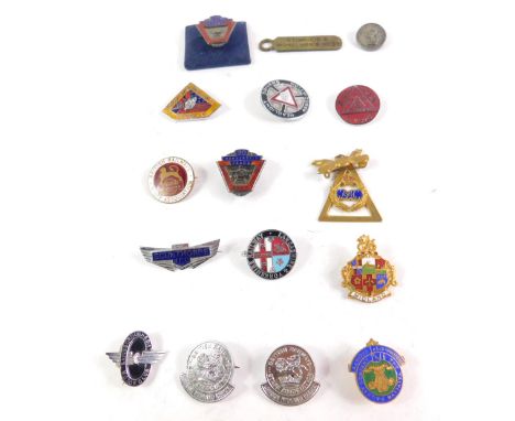 An RAC enamelled lady's bow brooch, motoring and railway associated enamel badges, and a Stewards &amp; Signalman's Mess bras