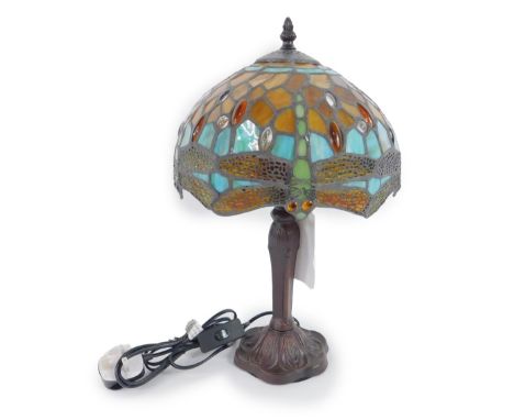 *A Tiffany style dragonfly table lamp, on a faux metal base, 42cm H, 25.5cm Dia. (boxed)