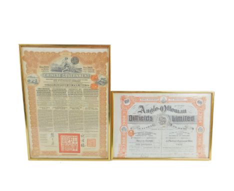 An Anglo Ottoman Oil Fields Limited share certificate 1910, 100 shares of 5 shillings each, Nos 29506 to 29605, 27cm x 39.5cm