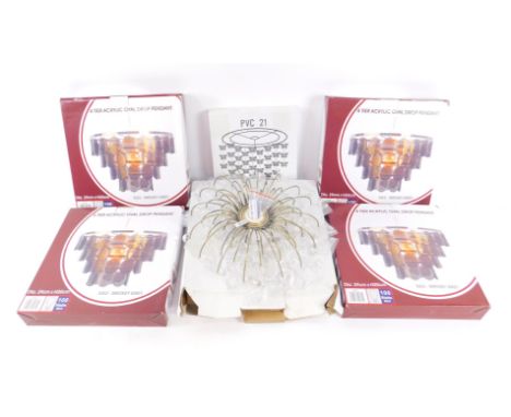 *An Oak's Lighting Dacia range chandelier, four 4-tier acrylic oval drop pendants, smoky grey, and a butterfly child's ceilin