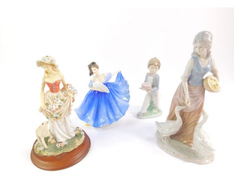 A Royal Doulton figure modeled as Elaine, HN2791, together with a Nao porcelain figure of a boy holding a cake, porcelain fig