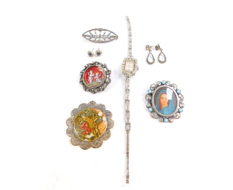 Silver and costume jewellery, including a marcasite set brooch and earrings, Continental enamel set brooch decorated with che