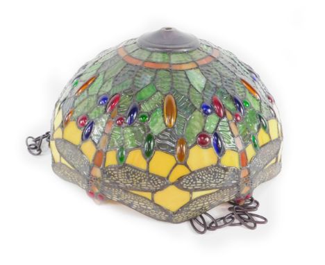 *A Tiffany style dragonfly up lighter, with jeweled decoration, three chain suspension, 41cm Dia. (boxed)