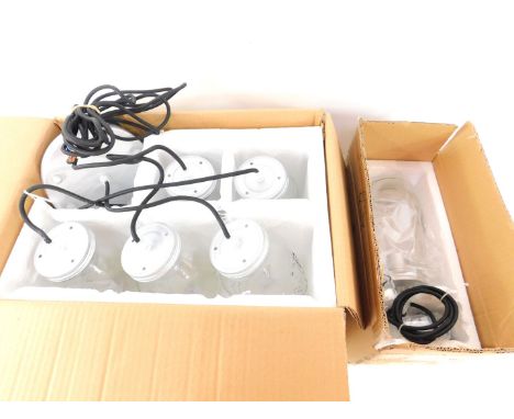 *An industrial style jam jar five drop pendant ceiling light, together with a single jam jar pendant ceiling light. (2)