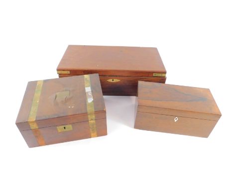 A Victorian mahogany and brass bound writing slope, 15cm H, 50.5cm W, 25cm D, a rosewood tea caddy opening to reveal two comp