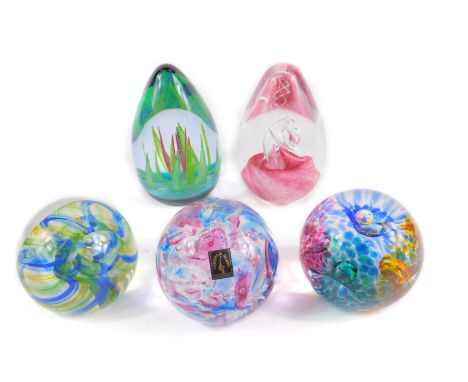 Two Caithness Glass paperweights, comprising Forest Flame and Aura, Langham Glass paperweight and two further weights. (5)