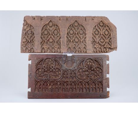 Two carved wooden panels of a trunk, 14/15th C. Dim.: 69 x 27,5 cm (the upper example) 