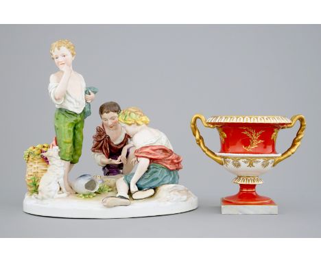 A Capodimonte porcelain group of playing boys and a Brussels porcelain bowl, 19/20th C. H.: 32,5 - L.: 33,5 - W.: 27 cm (the 