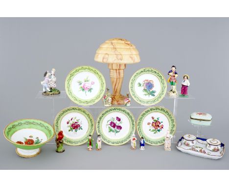 A set of botanical subject plates, perfume flasks and various other porcelain items, 19/20th C. H.: 35,5 cm (lamp)  The plate