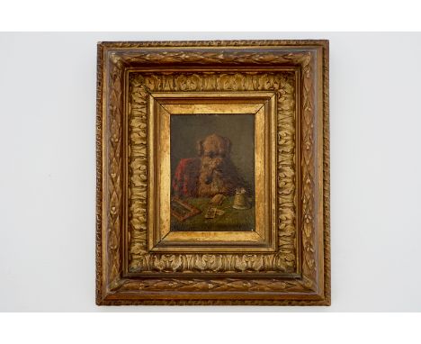 A pipe-smoking dog with playing cards, oil on panel, 19/20th C. Dim.: 25 x 22 cm (frame)Dim.: 11 x 8 cm  Signed Van Eyck in t