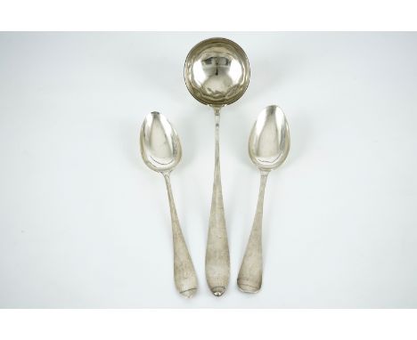 Two silver spoons and a silver ladle, 19th C. L.: 37,4 cm  Weight: 383 gr.&nbsp;Silver ladle: 204 gr.&nbsp;Two silver spoons: