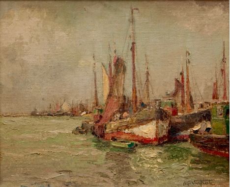 Alfred Van Neste (Bruges, 1874-1969), Fishing boats near the coast, oil on canvas Dim.: 50,5 x 44 cm (frame)Dim.: 36,5 x 30 c