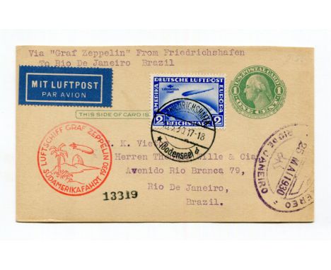 Germany May 1930 1st S. America Zeppelin flight card to Brazil with 2 mark blue overprinted tied Friedrichshafen cancel and u