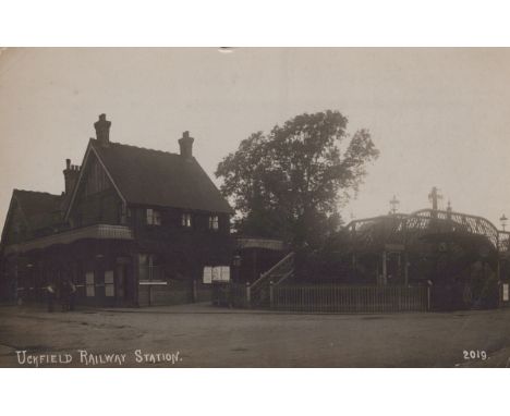 A collection of 33 postcards of railway interest, including photographic postcards titled 'Uckfield Railway Station', 'Viaduc