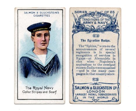 An album of military cigarette cards, including a set of 25 Salmon &amp; Gluckstein 'Traditions of the Army &amp; Navy', a se