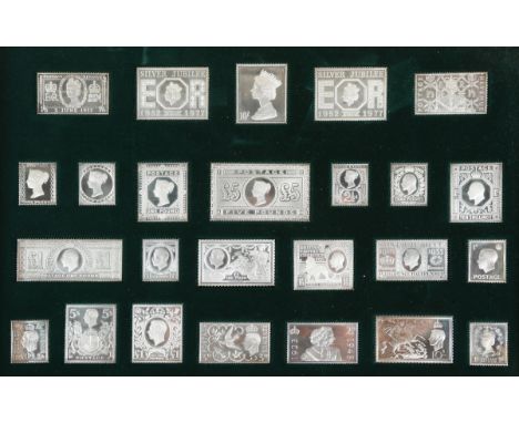 A set of twenty-five .925 silver stamp replicas for the Silver Jubilee, including £5 orange and Seahorse £1, produced by Hall