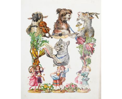 SCRAP ALBUM. A leather-bound scrap album containing 32 leaves of chromolithographed scraps, leaves 29.5cm x 24cm, together wi