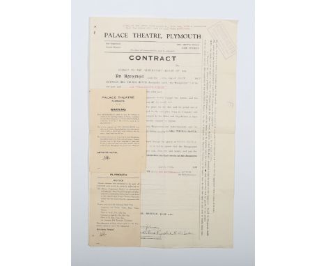 JAZZ. A Palace Theatre, Plymouth contract dated March 1939 between the theatre and Ken 'Snakehips' Johnson, signed in ink 'K.