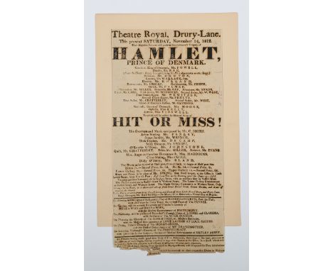 THEATRE. A George III playbill for Theatre Royal, Drury Lane, dated November 14, 1812, advertising a performance of 'Hamlet',