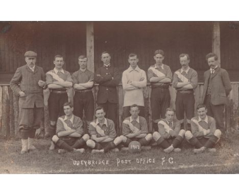 A collection of 15 postcards of Weybridge, Surrey, including photographic postcards titled 'Weybridge Post Office FC, 1907', 