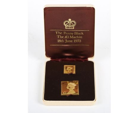 A 22ct gold stamp replica of a 1d black and £1 Machin, produced by Hallmark in a limited edition of 3000 in 1973, total weigh