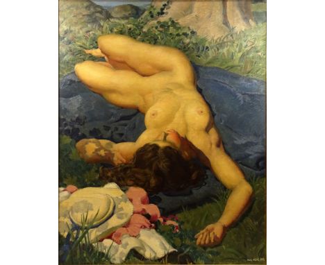 René-Georges Hermann-Paul, French (1874-1940) Circa 1937 Oil on Canvas, Nude in Landscape. Signed and Dated Lower Right. Craq