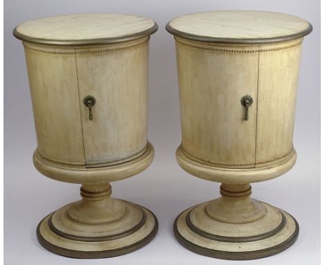 Pair of Mid 20th Century Distress Painted One Door Pedestal Drum Tables/Nightstands. Unsigned. Rubbing and Surface Wear from 