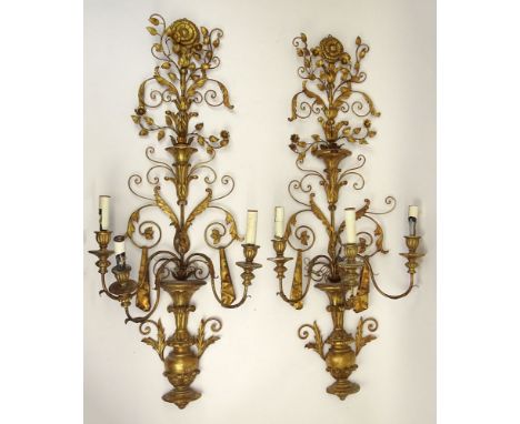 Pair Of Large Vintage Gilt Bronze and Carved Wood Three (3) Light Wall Sconces. Unsigned. Losses to Wood. Measures 49 Inches 
