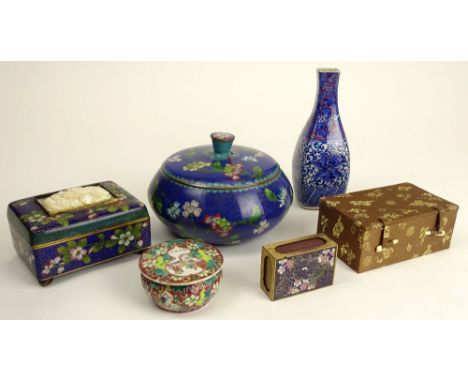 Lot of Five (5) Vintage Chinese Tabletop Items. Including a Round Cloisonné Lidded Bowl, Signed China, Good Condition; Small 