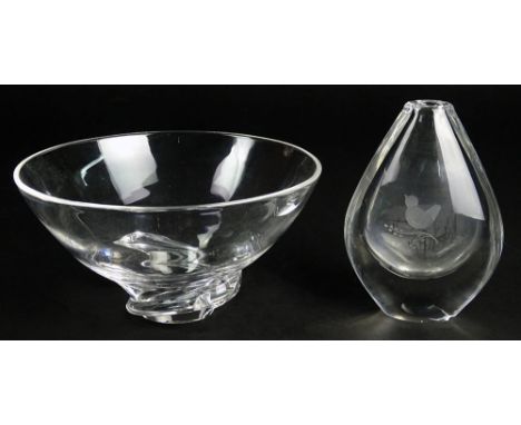 Lot of Two (2) Crystal Tabletop Objects. Includes a Steuben Bowl, Signed, Chips at Swirl Base, 3-1/2 Inches Tall, 7 Inches Di